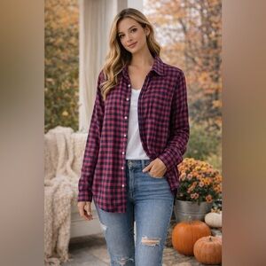 American Eagle Plaid Boyfriend Fit Flannel Button Down Women’s Shirt Pink Blue M